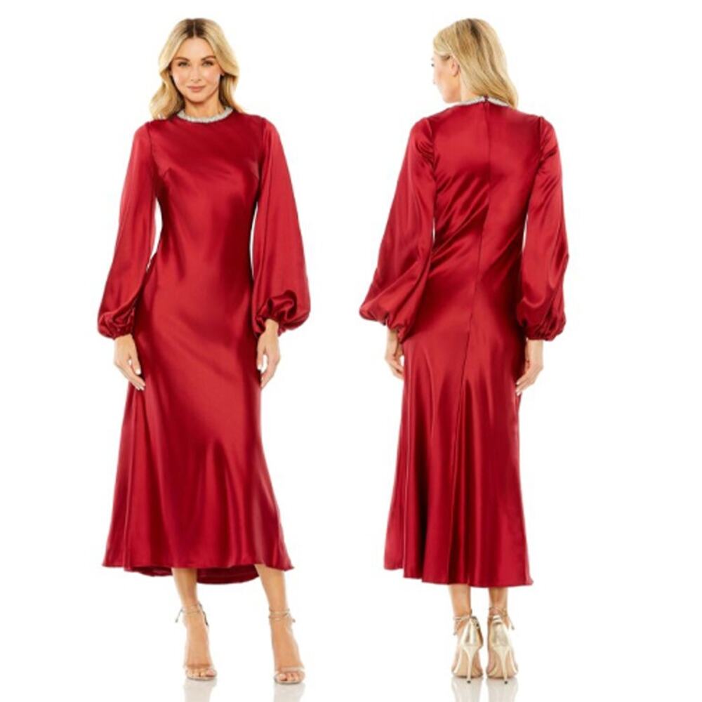 Mac Duggal Red Satin Midi Dress with Balloon Sleeves - Picture 1 of 10
